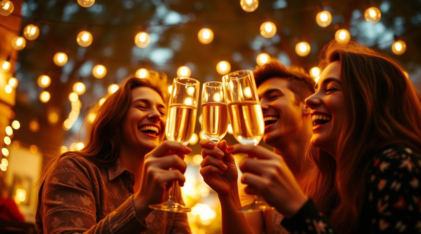 Célébration entre amis sous des guirlandes lumineuses avec des coupes de champagne